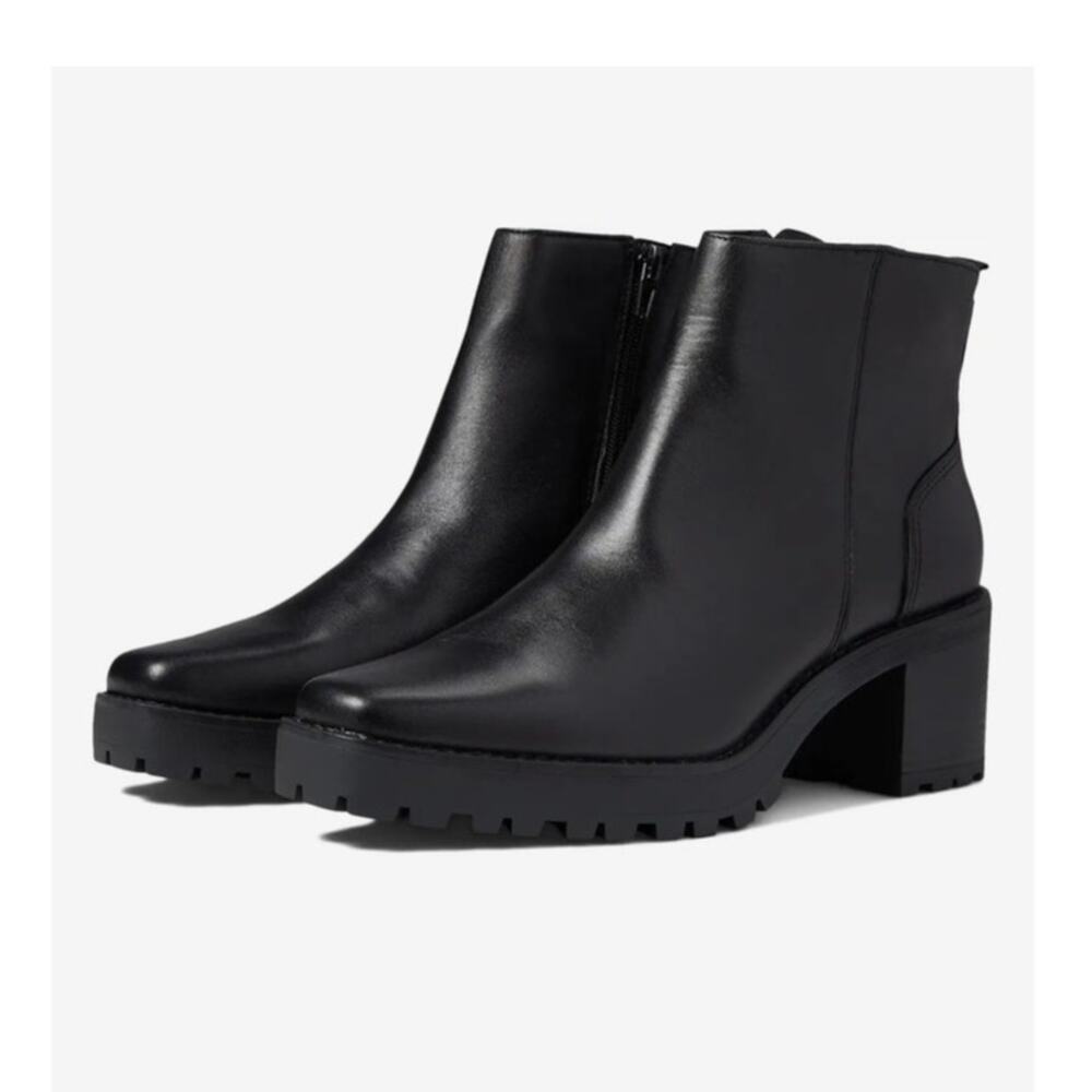Andre Assous Milla Black Leather Lug Sole Square Toe Ankle Booties Size 9.5 NWOB